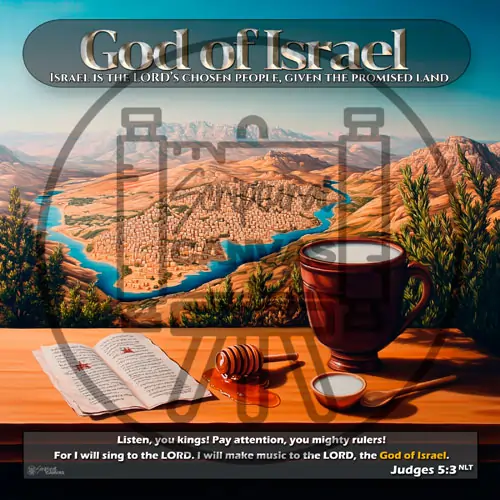 A table laden with flowing honey and a pitcher of milk sits before a painted vista of ancient Jerusalem, representing the "land of milk and honey" promised by the God of Israel.