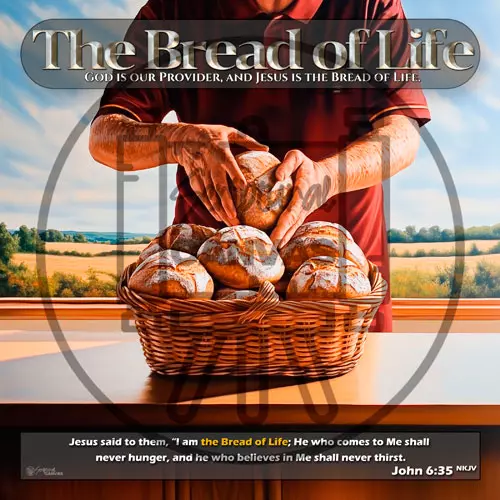 Close-up of hands arranging bread loaves in a basket, representing Jesus as the Bread of Life.