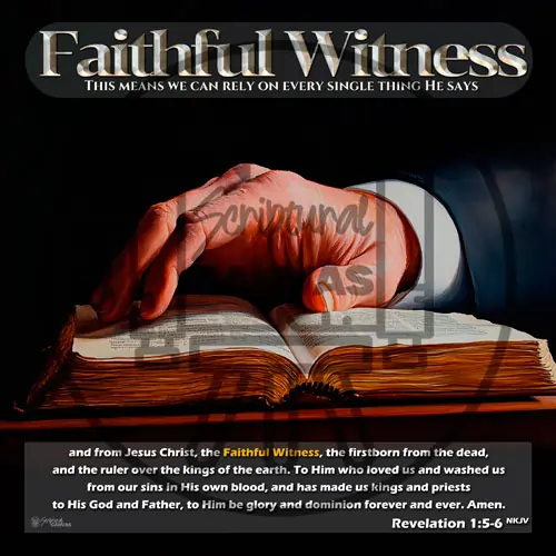 Close-up of a hand gently placed on an open Bible, emphasizing the concept of 'Faithful Witness'.