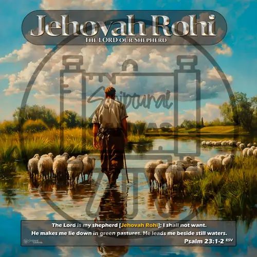 Jehovah Rohi: Shepherd leading sheep to still waters in a green meadow, illustrating Psalm 23:1-2.